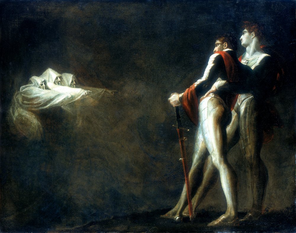 Trzy wiedźmy ukazujące się Makbetowi i Bankowi, koniec XVIII wieku autorstwa Johann Heinrich Füssli