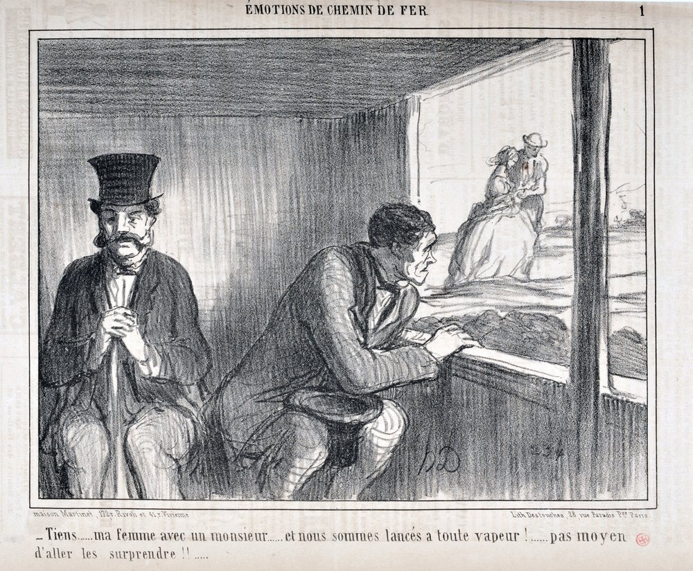 Grafika Honore Daumiera (1808-1879) Charivari pochodzi z 1858 roku: Serie EMOTIONS EN Chemin de fer - „Tutaj... moja żona z dżentelmenem... i idziemy pełną parą!... nie ma mowy o zaskoczeniu im!!...” MUZEUM SZTUK PIĘKNYCH - PAŁAC LONGCHAMP, MARZEC autorstwa Honoré Daumier