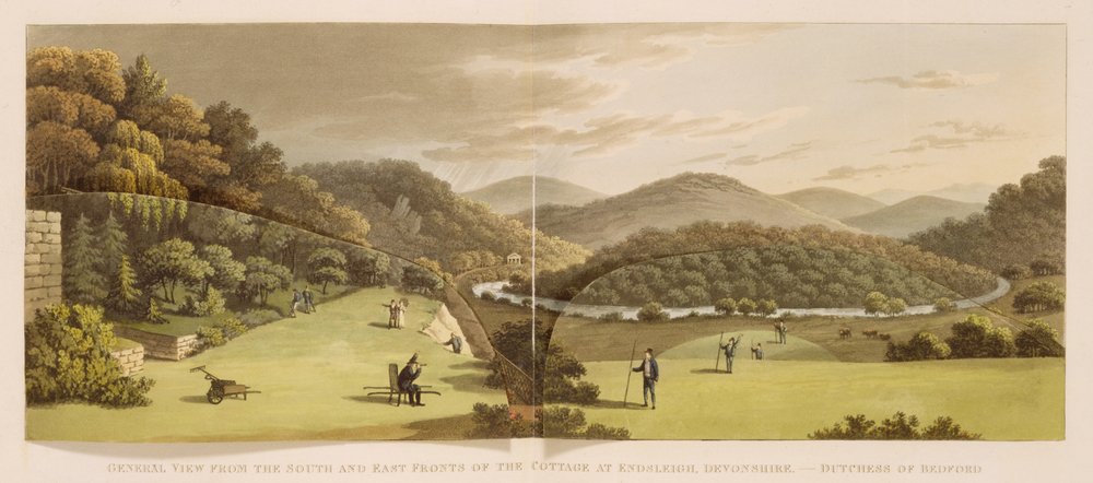 Widok ogólny południowej i wschodniej fasady domku w Endsleigh, Devon (przed), z Fragments on the Theory and Practice of Landscape Gardening, wydane w 1816 autorstwa Humphry Repton