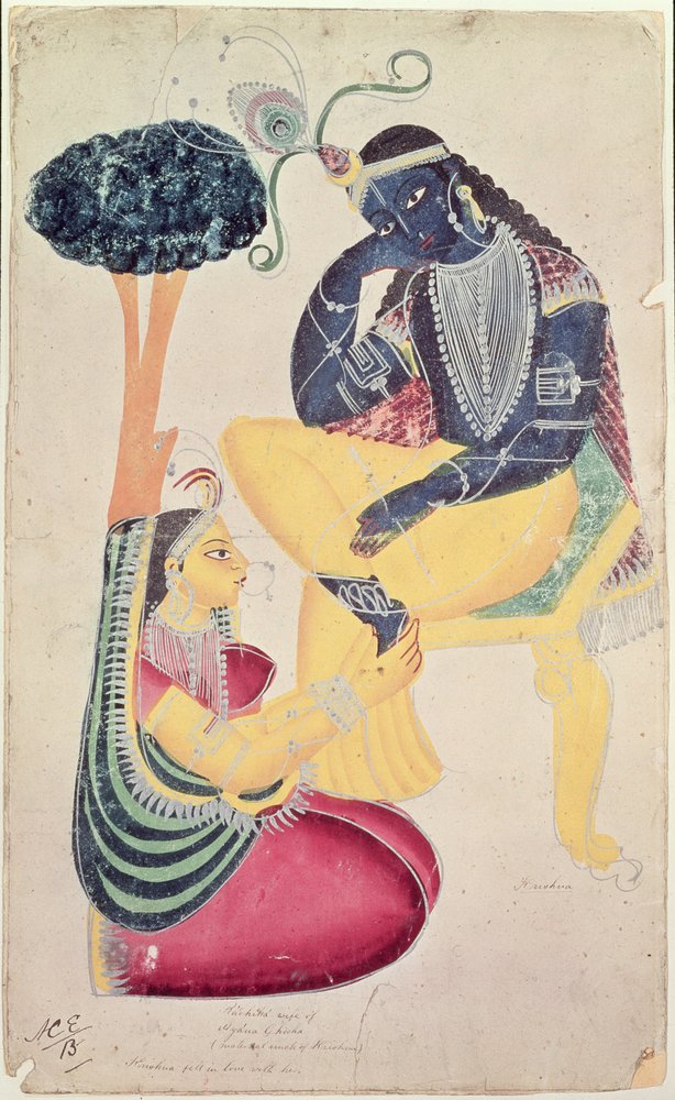Bóg Kryszna ze swoją śmiertelną miłością, Radha autorstwa Indian School