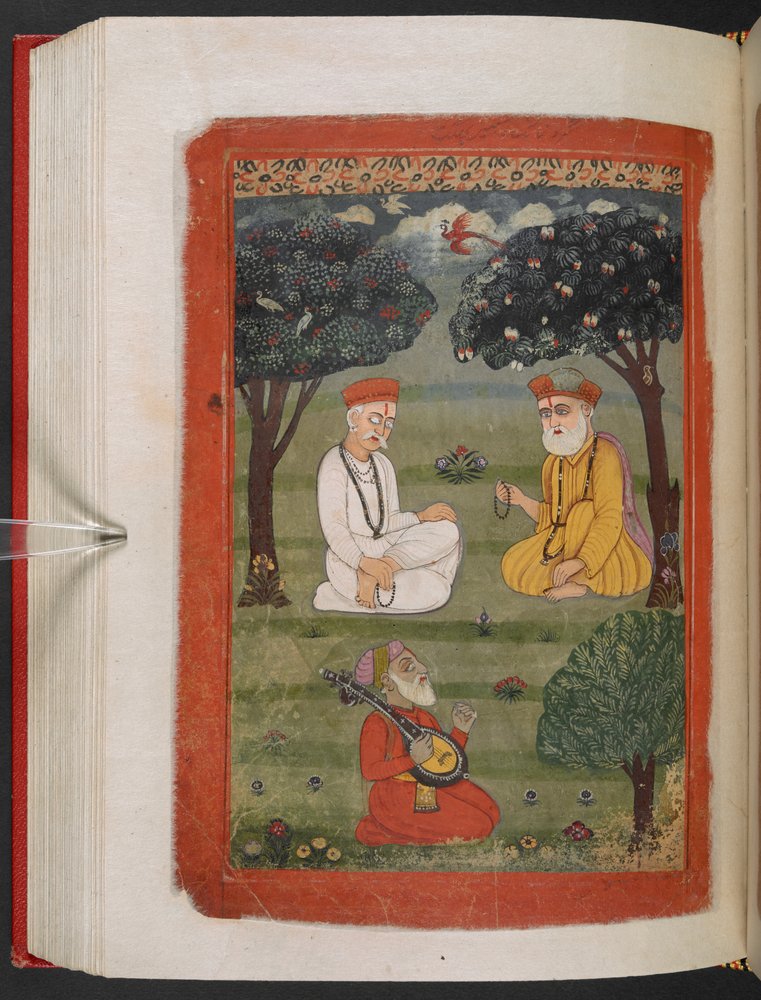 MS Panj B 40, f.131v, spotkanie Bhagat Kabir ji i Guru Nanak Dev ji, ilustracja z „Biografii Guru Nanaka” autorstwa Indian School