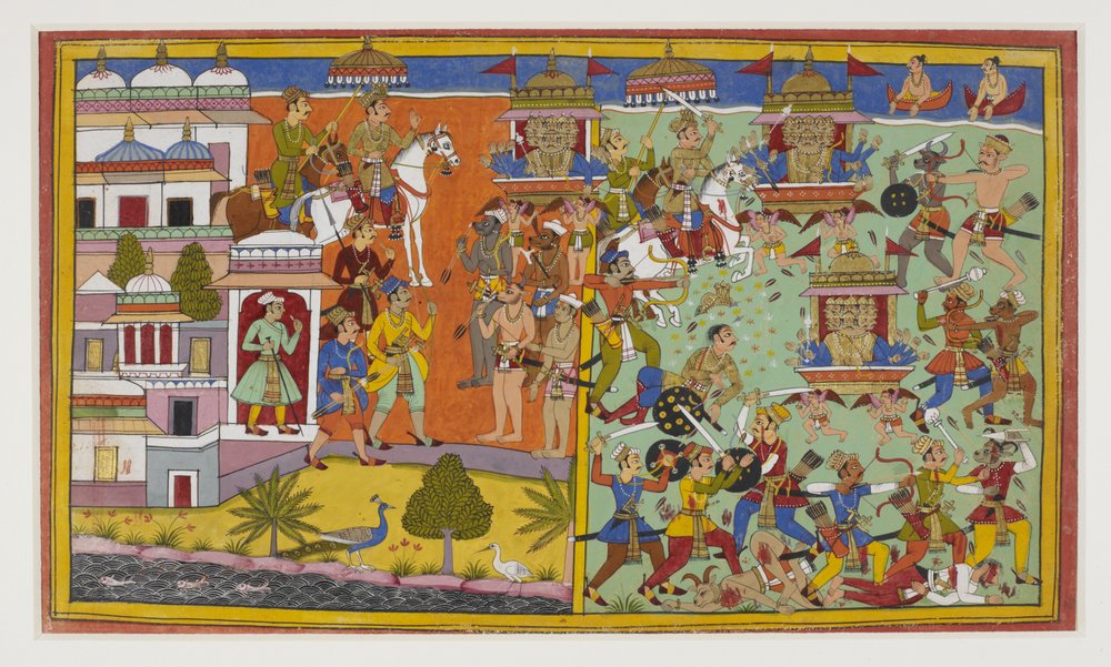 Ravana pokonuje króla Anaranyę, który przepowiada mu śmierć z rąk Ramy. autorstwa Indian School
