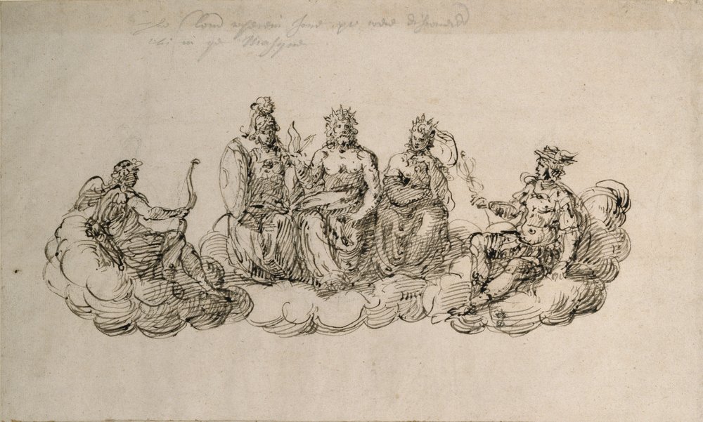 Jove z Senatem Bogów, ok. 1622 (pióro i atrament na papierze) autorstwa Inigo Jones