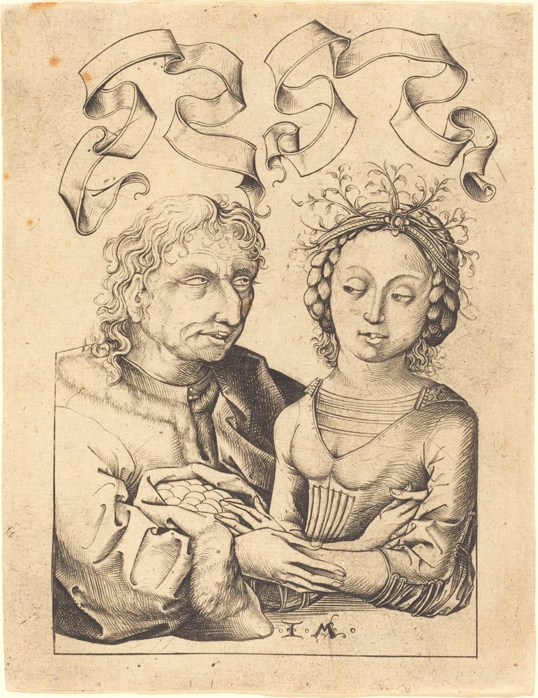 Głupi stary człowiek i młoda dziewczyna, ok. 1480-1490 autorstwa Israhel van Meckenem