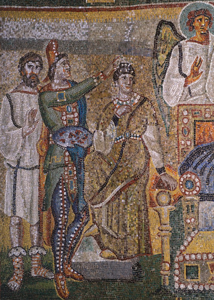 Fragment Sceny pierwszego przyjścia Chrystusa i Dzieciństwa Jezusa, mozaika z łuku triumfalnego bazyliki Santa Maria Maggiore, Rzym, Włochy, V wiek autorstwa Italian School