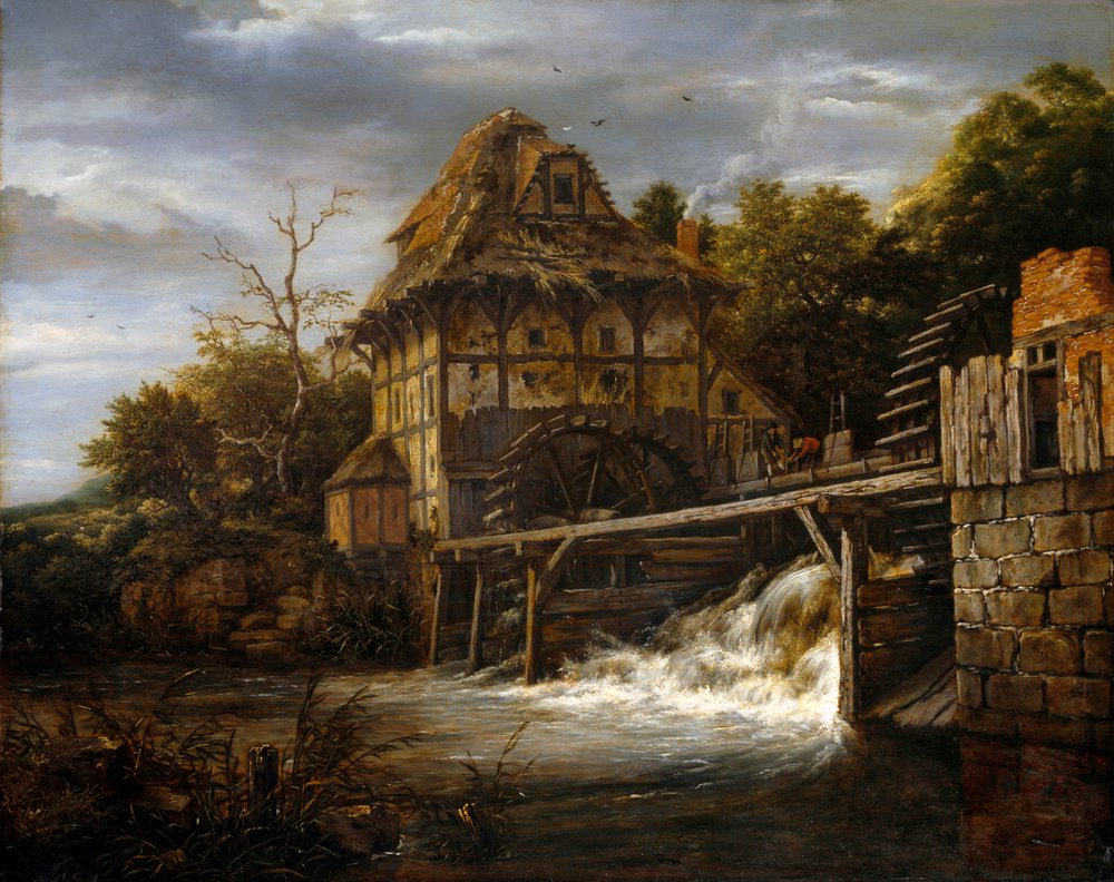 Dwa młyny wodne podsiębierne z mężczyznami otwierającymi śluzę autorstwa Jacob van Ruisdael