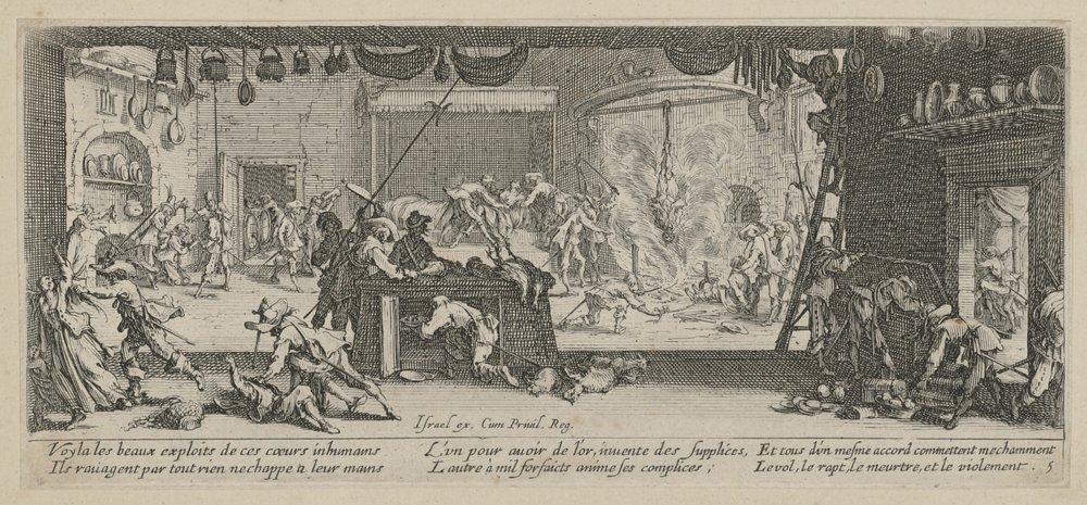 Plądrowanie gospodarstwa, kadr 5 z odcinka „Okropności wojny” autorstwa Jacques Callot