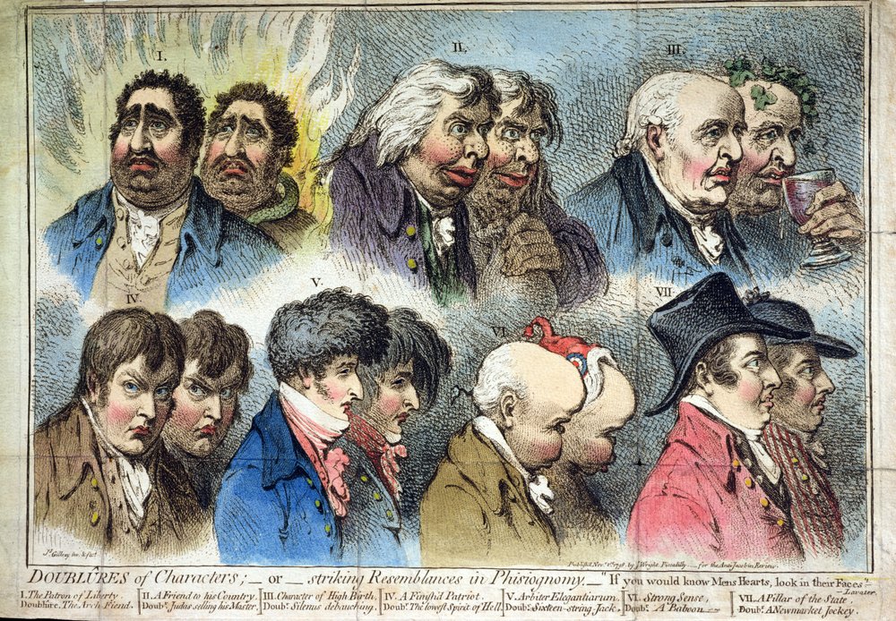 Podwojenie znaków, czyli uderzające podobieństwa w fizjonomii, wydane przez J. Wrighta w 1798 r. (akwaforta ręcznie kolorowana) autorstwa James Gillray