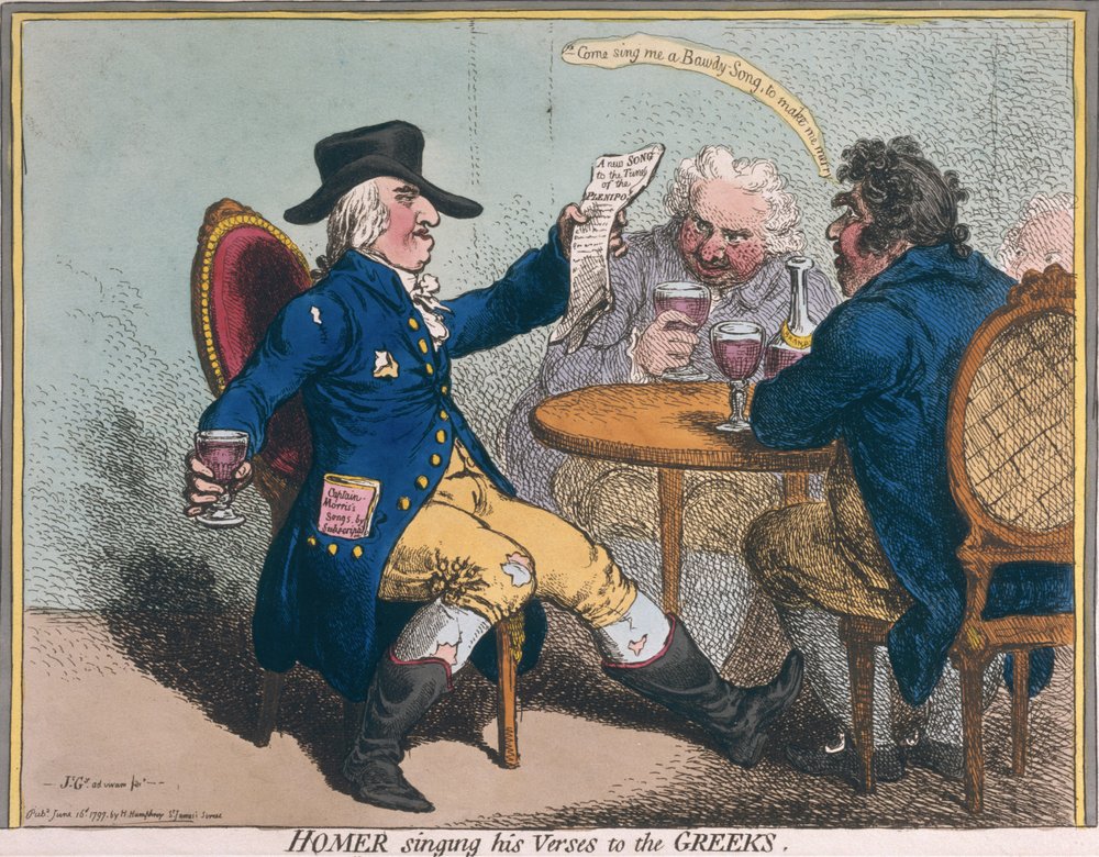 Homer śpiewa swoje wersety do Greków, wydane przez Hannah Humphrey w 1797 r. (akwaforta ręcznie kolorowana) autorstwa James Gillray