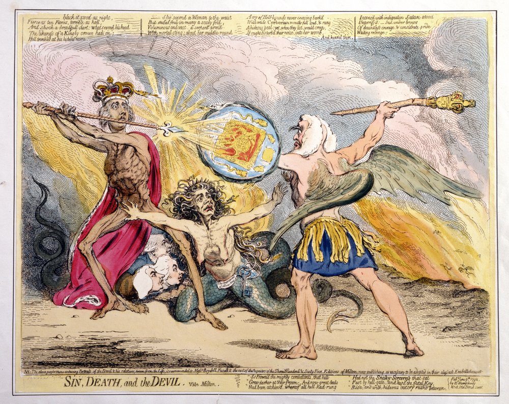 Grzech, śmierć i diabeł, wydana przez Hannah Humphrey w 1792 r. (akwaforta ręcznie kolorowana) autorstwa James Gillray