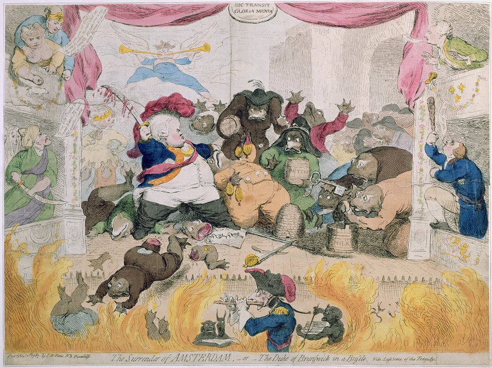 The Surrender of Amsterdam, or The Duke of Brunswick (1771-1815) in a Bustle, opublikowane przez S.W. Foresa w 1787 roku (akwaforta ręcznie kolorowana) autorstwa James Gillray