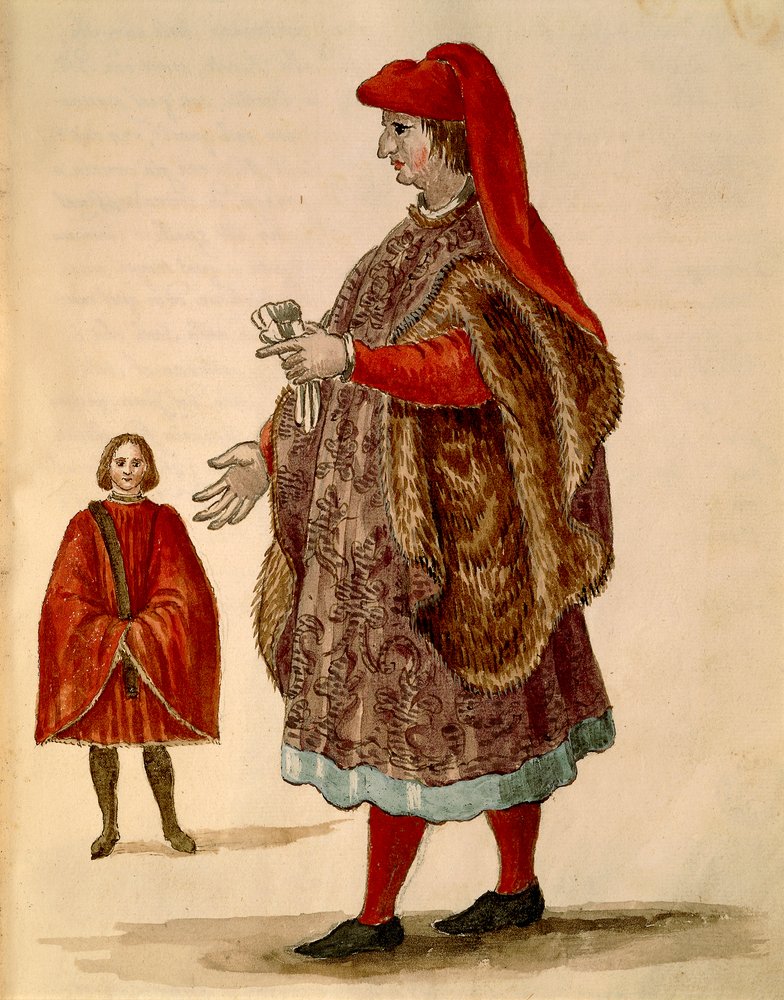 Senator wenecki w "Dogalinie", formalnej szacie z szerokimi rękawami, Jan van Grevenbroeck lub Giovanni Grevembroch (1731-1807), Gli Abiti de Veneziani, z ilustrowanej księgi kostiumów, akwarela autorstwa Jan van Grevenbroeck