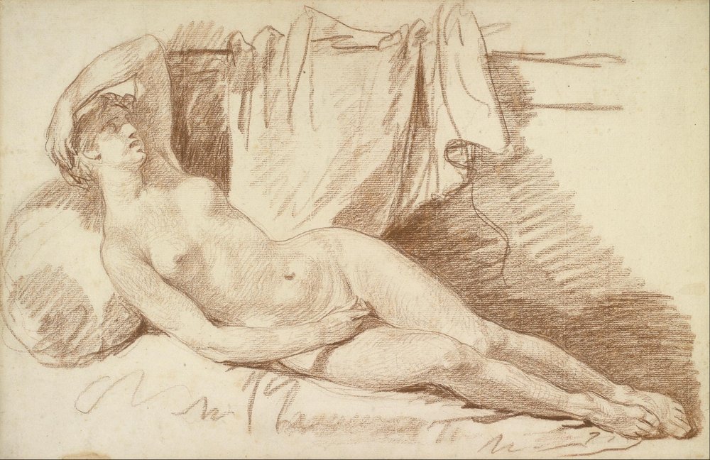 Akt kobiecy w pozycji leżącej: Studium do "Eginy odwiedzonej przez Jowisza" autorstwa Jean-Baptiste Greuze