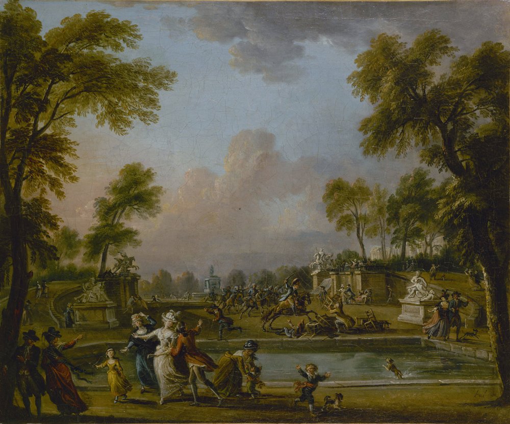 Książę de Lambesc siłą wkraczający do ogrodów Tuileries, 12 lipca 1789 r. 1789. autorstwa Jean-Baptiste Lallemand