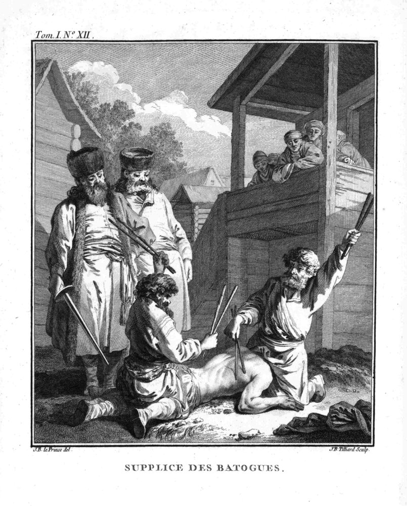 Karanie batogami. Z podróży na Syberię, 1766 autorstwa Jean-Baptiste Le Prince