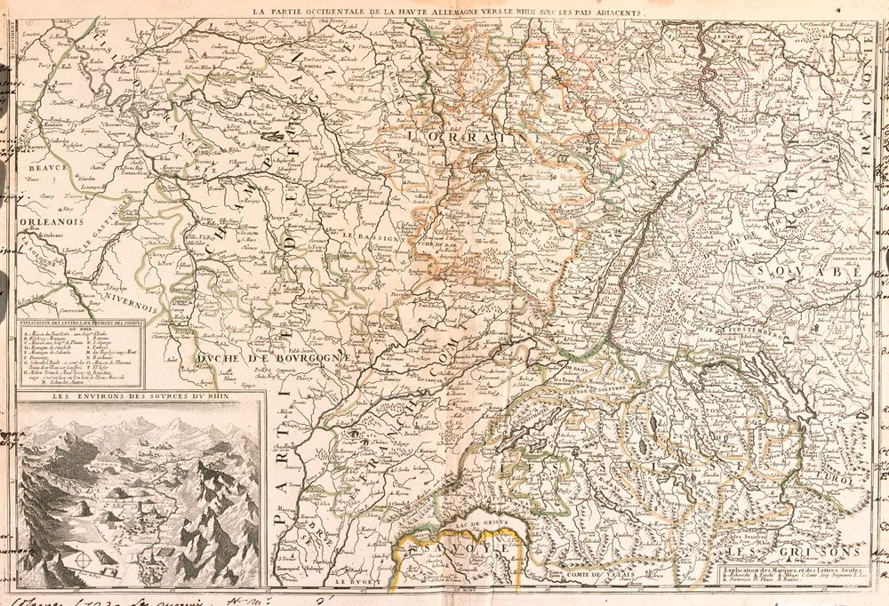 Mapa obszaru wokół Renu (Niemcy, Szwajcaria, Francja) autorstwa Jean-Baptiste Nolin