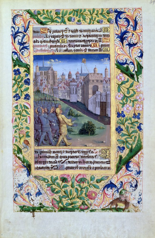 Ms Lat. Q.v.I.126 f.49v Wojska asyryjskie widzące głowę Holofernesa na palu, z "Godzinek Ludwika Orleańskiego". autorstwa Jean Colombe