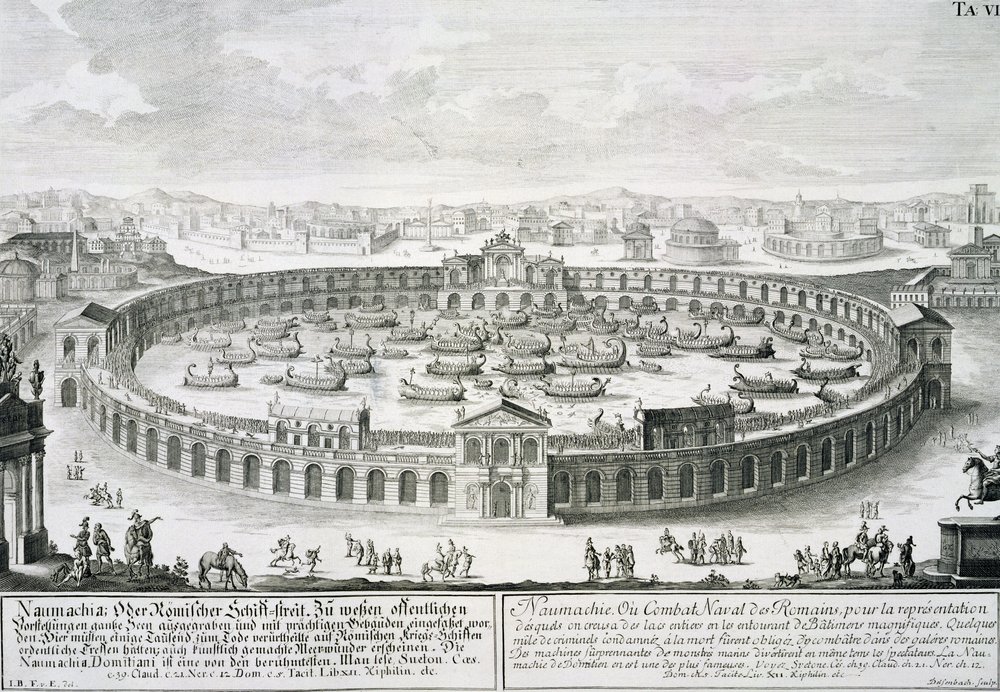 Rekonstrukcja rzymskiej bitwy morskiej z "szkicowego architekta historycznego", ryt. Johann Adam Delsenbach (1687-1765), 1721 autorstwa Johann Bernhard Fischer von Erlach