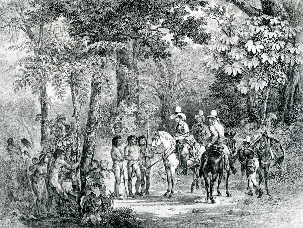 Spotkanie Indian z europejskimi odkrywcami z "Malowniczej podróży do Brazylii", 1827-35 autorstwa Johann Moritz Rugendas