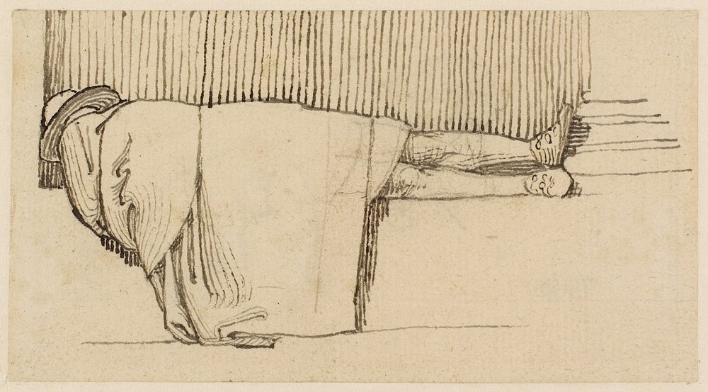 Mężczyzna w płaszczu śpi na cokole budynku (ołówek, długopis i atrament na papierze) autorstwa John Flaxman