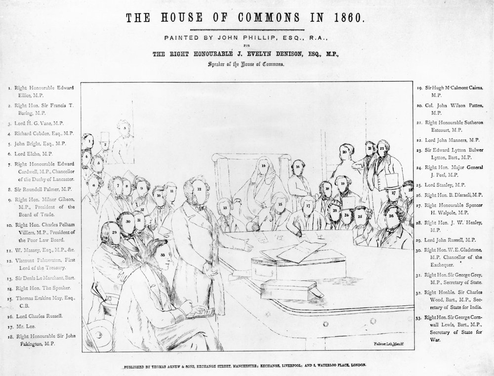 Izba Gmin w 1860 r.: Lord Palmerston przemawiający w Izbie podczas debaty o traktacie z Francją, plan portretów, ryt Falkner, 1863 (plan z 107820, se autorstwa John Phillip