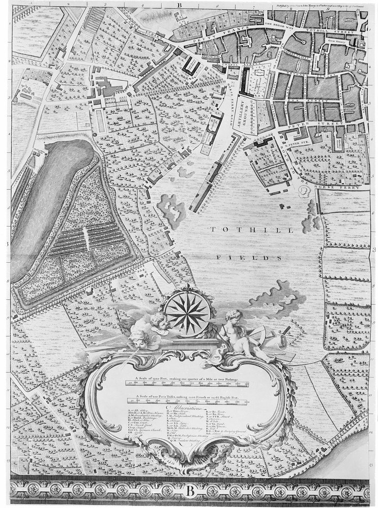 Mapa pól Tothill, Londyn, 1746 r autorstwa John Rocque