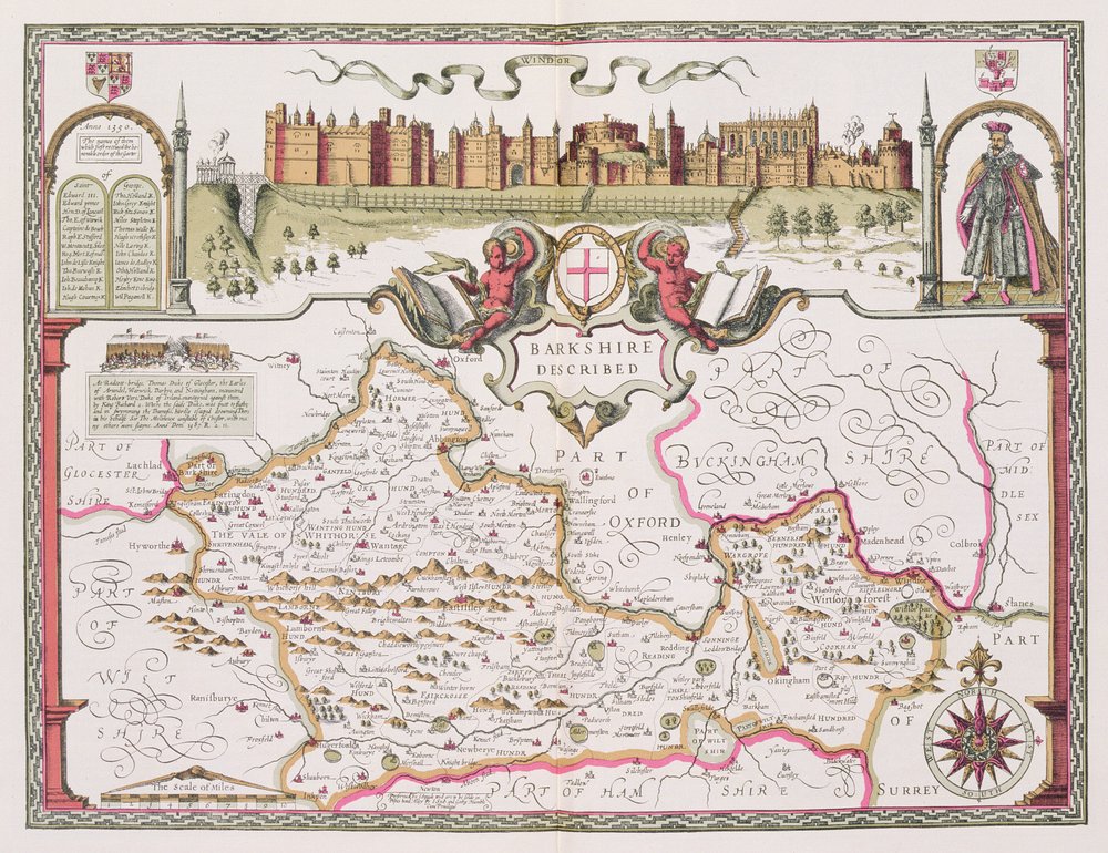 Berkshire, ryty Jodocusa Hondiusa (1563-1612) z Teatru Imperium Wielkiej Brytanii Johna Speeda, wyd. John Sudbury i George Humble, 1611-12 (ręcznie barwiony miedzioryt) autorstwa John Speed
