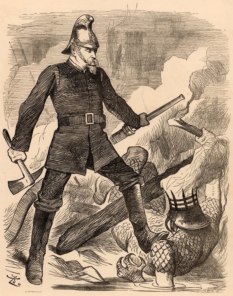 Eyre Massey Shaw walczący z ogniem, z „Punch” Londyn, 20 sierpnia 1887 (grawerowanie) autorstwa John Tenniel