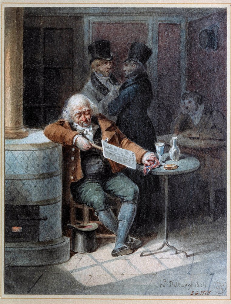 Reading of the Gazette””: staruszek spał w kawiarni czytając gazetę „The Gazette”” w 1824 r. Litografia Josepha Louisa Hippolyte Bellange (1800-1866) 1824 Paryż, Musee Carnavalet autorstwa Joseph-Louis Hippolyte Bellange