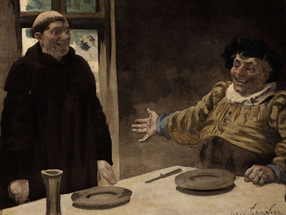 Gargantua zapraszający Frere Jeana, mnicha z opactwa Seuille, na wspólny posiłek. Gargantua. Ilustracja autorstwa Julesa Garniera. W "Rabelais et l