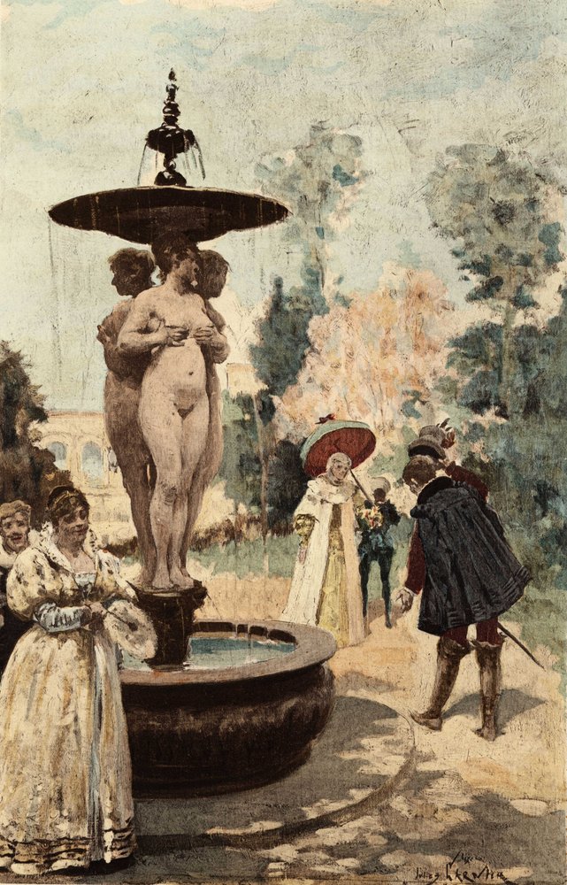 Fontanna opactwa Theleme, trzy Gracje. Gargantua. Ilustracja Julesa Garniera. W "Rabelais et l