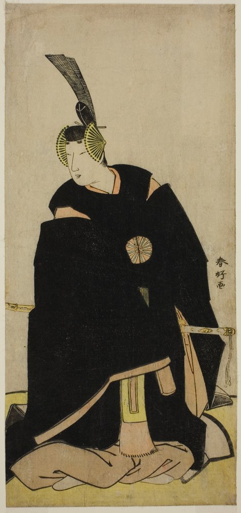 Aktor Nakamura Tomijuro I jako Taira no Masakado w przebraniu Otomo no Kuronushi () lub Sugawara Micihizane () w sztuce Shida Yuzuriha Horai Soga () lub Sugawara Denju Tenarai Kagami (), wystawianej w teatrze Morita () w pierwszym lub piątym miesiącu wojny autorstwa Katsukawa Shunkо̄