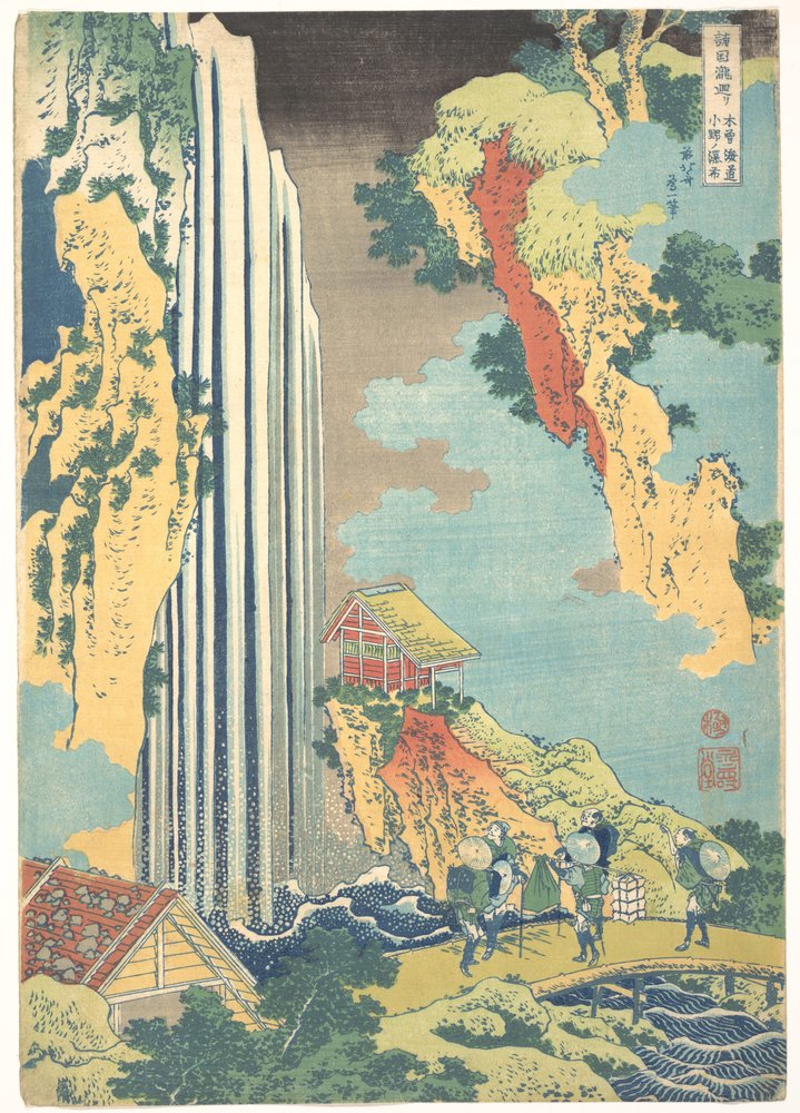 Wodospad Ono na szlaku Kisokaidō (Kisokaidō Ono no bakufu), z serii „Podróż po wodospadach różnych prowincji” (Shokoku taki meguri) autorstwa Katsushika Hokusai