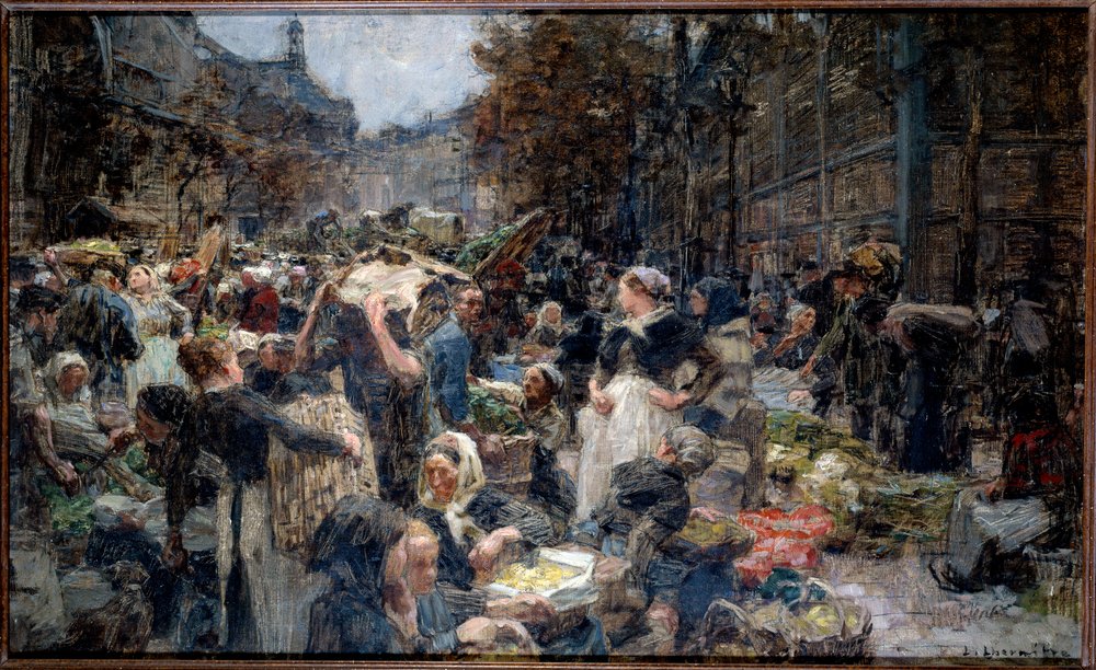Sale. Tłum Marche des Halles w Paryżu w XIX wieku. Szkic Leon Augustin Lhermitte (1844-1925) autorstwa Leon-Augustin Lhermitte