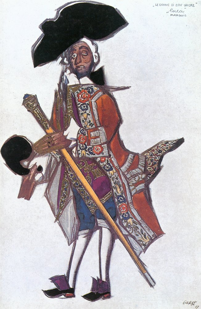 Szkic kostiumu dla "Markiza de Luca" z baletu "Donne di buon umore", muzyka Scarlatti (gwasz na papierze) autorstwa Leon Bakst