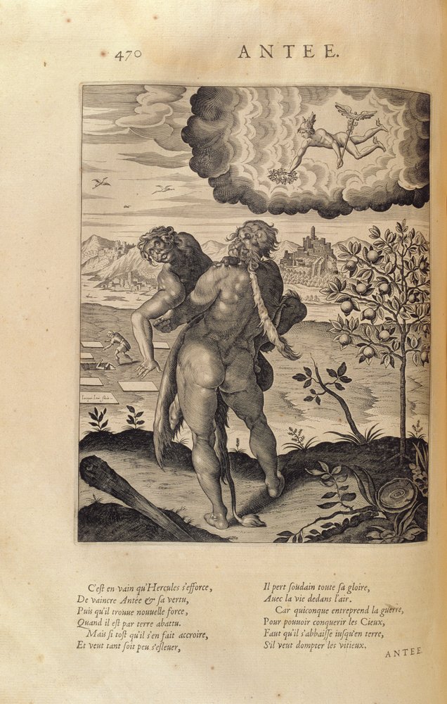 Herkules zabijający Antaeusa, z „Les Images ou Tableaux de Platte Peinture des Deux Philostrates Sophistes Grecs”, Blaise de Vigenere (1523-96) Paryż, 1615 autorstwa Leonard Gaultier