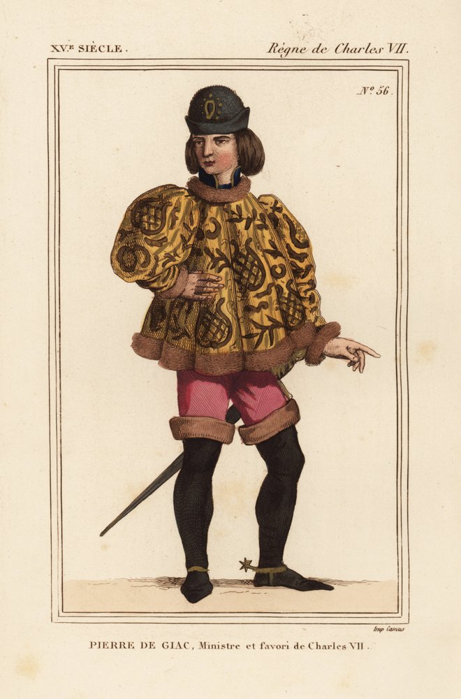 Pierre de Giac, szambelan króla Karola VII w latach 1377-1426. Wykonany przez utonięcie w Dun-Le-Roi. Nosi krótką sutannę z rękawami mahoitresowymi, różowe pantalony i buty z ostrogami. Litografia ręcznie kolorowana według miniatury w rękopisie Histoire du autorstwa Leopold Massard