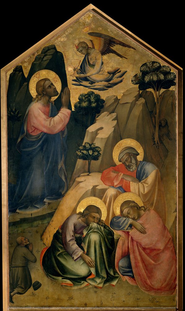 Modlitwa w Ogrodzie Oliwnym Chrystus w modlitwie widzi anioła, który niesie mu Świętego Graala i zapowiada jego śmierć. Apoterzy św. Piotra, św. Jana i św. Jakuba śpią. Obraz na drewnie Lorenzo Monaco (ok. 1370-ok. 1423/1424) Florencja, Galler autorstwa Lorenzo Monaco