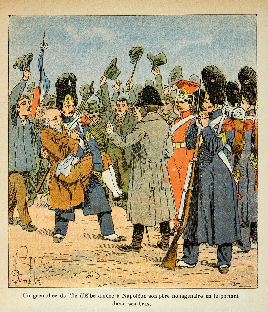 Ilustracja autorstwa Bombled Louisa (1862-1927) z książki „Memoriał św. Heleny” hrabiego Emmanuela de Las Cases (1766-1842): Grenadier przyprowadza do Napoleona swego niegenerującego ojca, niosąc go w ramionach, gdy wraca z wyspy Elba , Prywatne płk autorstwa Louis Charles Bombled