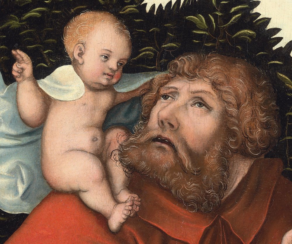 Święty Krzysztof niosący Dzieciątko Jezus (detal) (olej na panelu) autorstwa Lucas the Elder (workshop of) Cranach