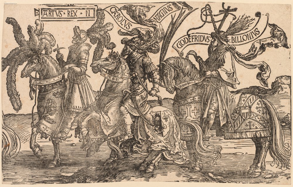 Dziewięciu Bohaterów: Artur, Karol Wielki (Charlemagne), Godfrey z Bouillon autorstwa Lucas van Leyden