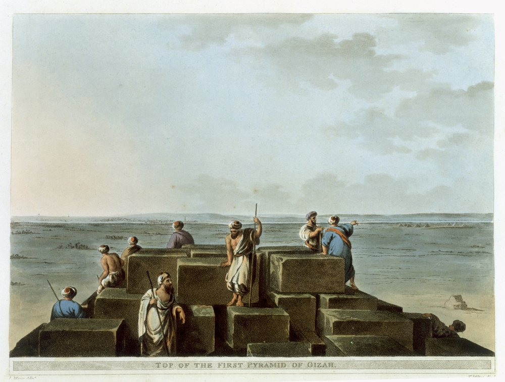 Szczyt pierwszej piramidy w Gizie, tablica 4 z „Widoków Egiptu”, rytowana przez Thomasa Miltona (1743-1827), wydana przez Roberta Bowyera (1758-1834), 1801 autorstwa Luigi Mayer