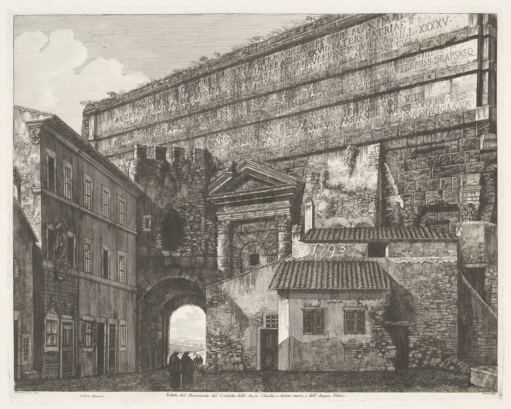 Porta Maggiore w Rzymie Widok na pomnik Condotto delle Acque Claudia, Anione Nuovo i Acqua Felice (tytuł na obiekcie) autorstwa Luigi Rossini