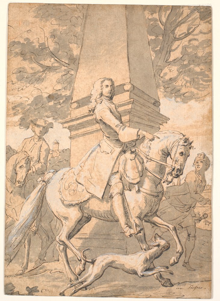 Szanowny dżentelmen, a za nim służba przejeżdża obok pomnika autorstwa Marcus Tuscher