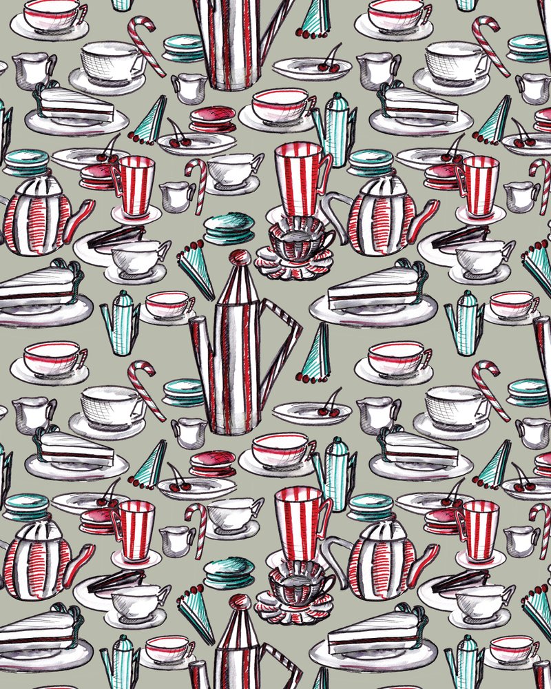 Candy Stripe Tea Party, 2020 (akwarela, pióro, na papierze) autorstwa Marianna Kulukundis