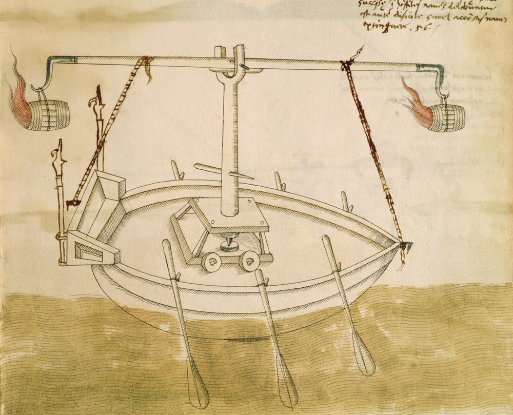 Projekt wykorzystujący ciepło do poprawy nawigacji, ilustracja z De Machinis (pióro i atrament oraz toaleta na papierze) autorstwa Mariano di Jacopo 1382-c.1453 after Mariano di Jacopo 1382-c.1453 after
