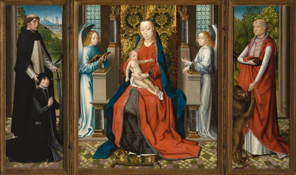 Tryptyk Madonny z Dzieciątkiem i Aniołami; Darczyńca i Jego Patron Św. Piotr Męczennik; i św. Hieronima autorstwa Master of The Legend of St. Lucy