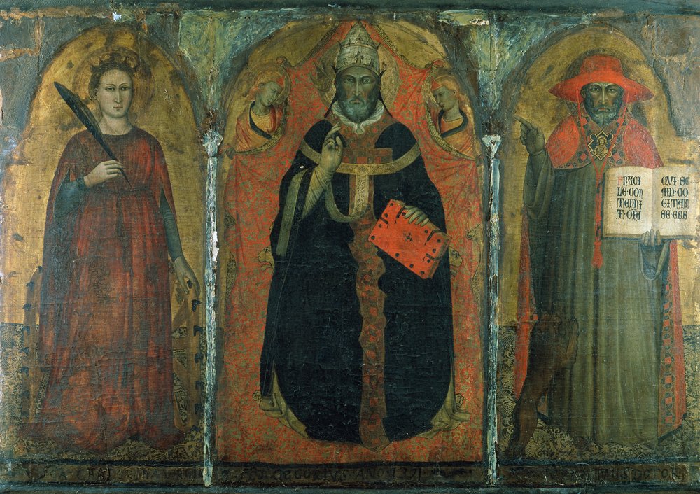 Święty Grzegorz Wielki ze świętymi Katarzyną i Hieronimem (tempera na panelu) autorstwa Master of San Martino of Mensola