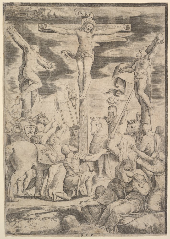 Nawrócenie setnika, który otwiera ramiona przed Chrystusem na krzyżu, 1532. autorstwa Master of the Die