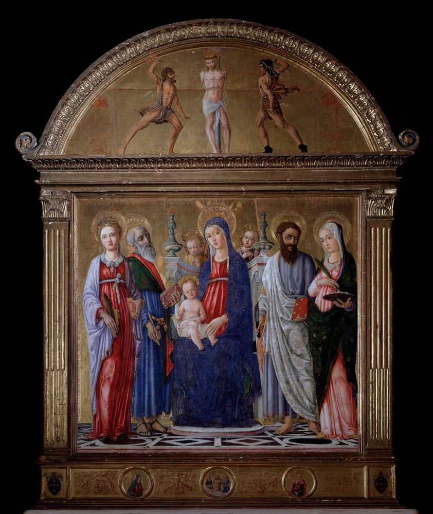 Dziewica z Dzieciątkiem i św. Bartłomieja, św. Katarzyny, św. Łucji i św. Mateusza - Ołtarz autorstwa Matteo di Giovanni di Bartolo
